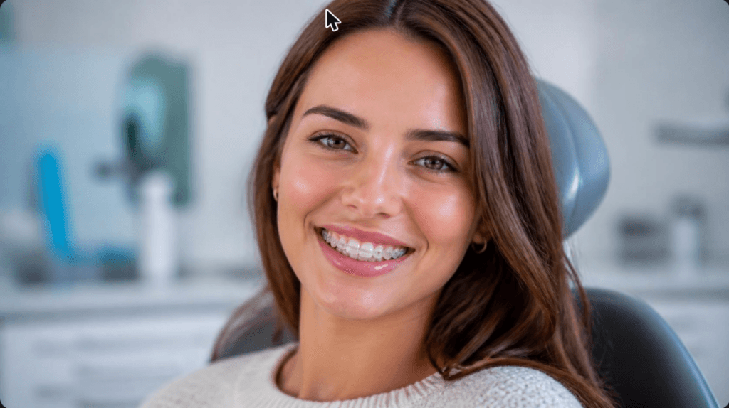 Paciente sonriendo con ortodoncia invisible en la clínica dental de Boadilla del Monte