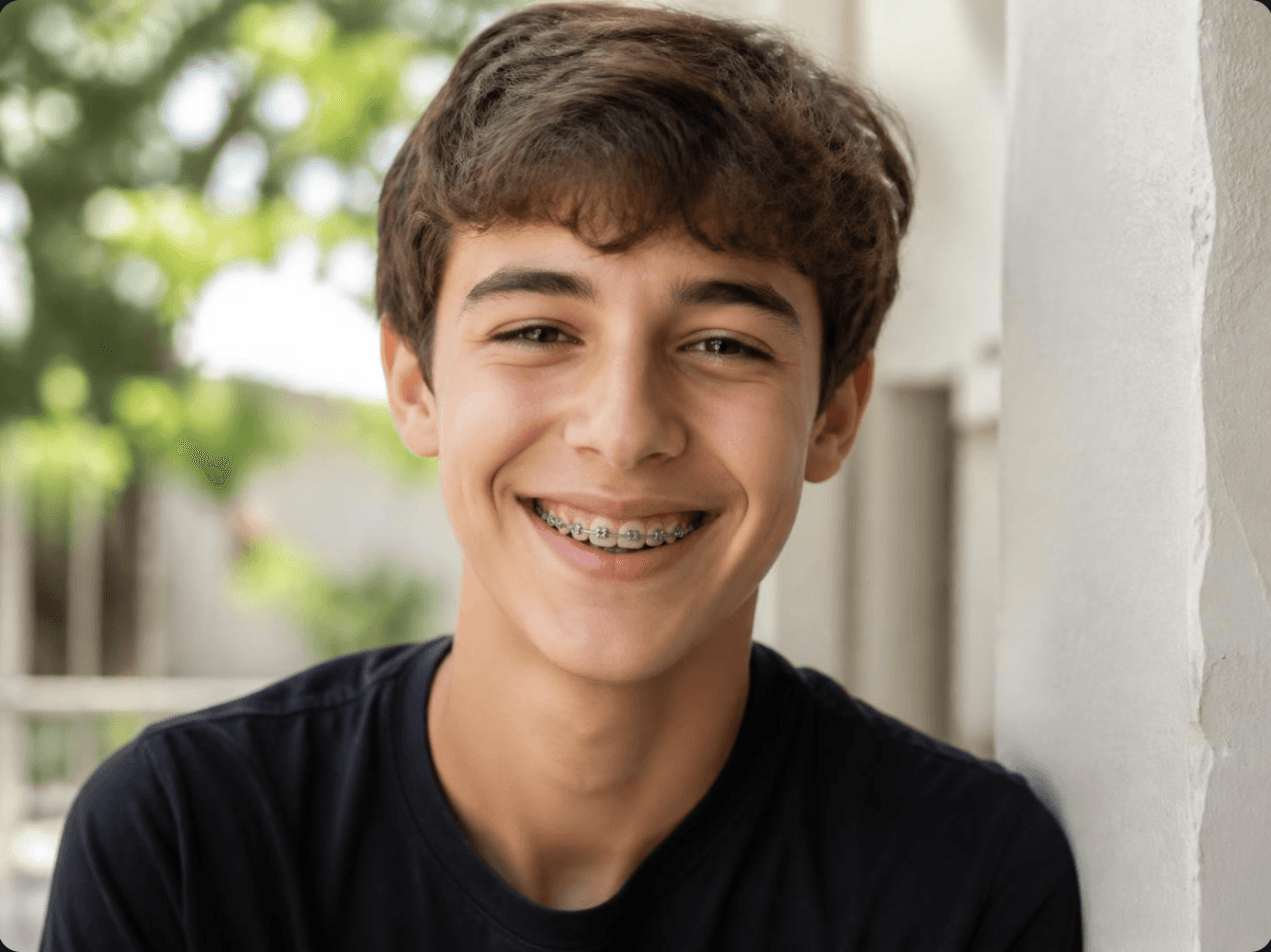 Adolescente sonriendo con brackets tras su tratamiento de ortodoncia en Boadilla del Monte